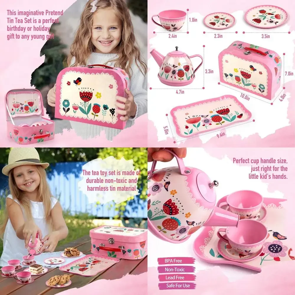 

D-FantiX Kids Tea Set for Little Girls, 15Pcs Pink Tin Tea Party Set for Toddlers Afternoon Tea Time Playset with Metal Teapots