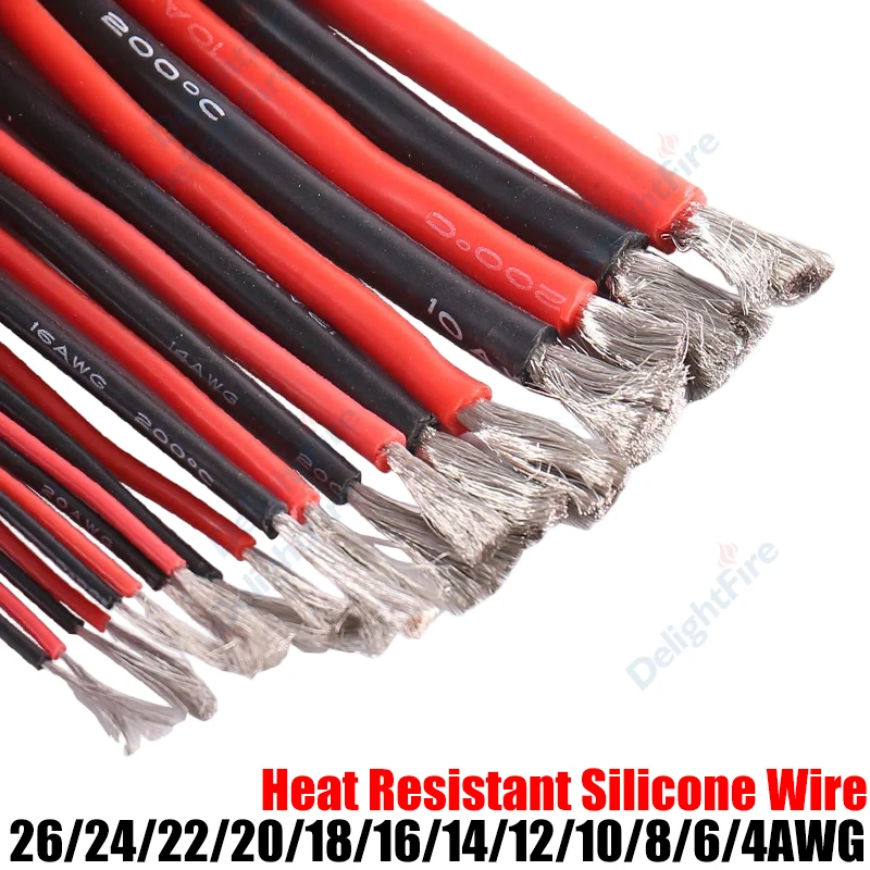 Fil de Silicone résistant à la chaleur 2/3/5/10/20/30/50m, câble de batterie rouge noir 26 24 22 20 18 16 14 12 10 8 6 4 AWG pour panneau solaire de voiture