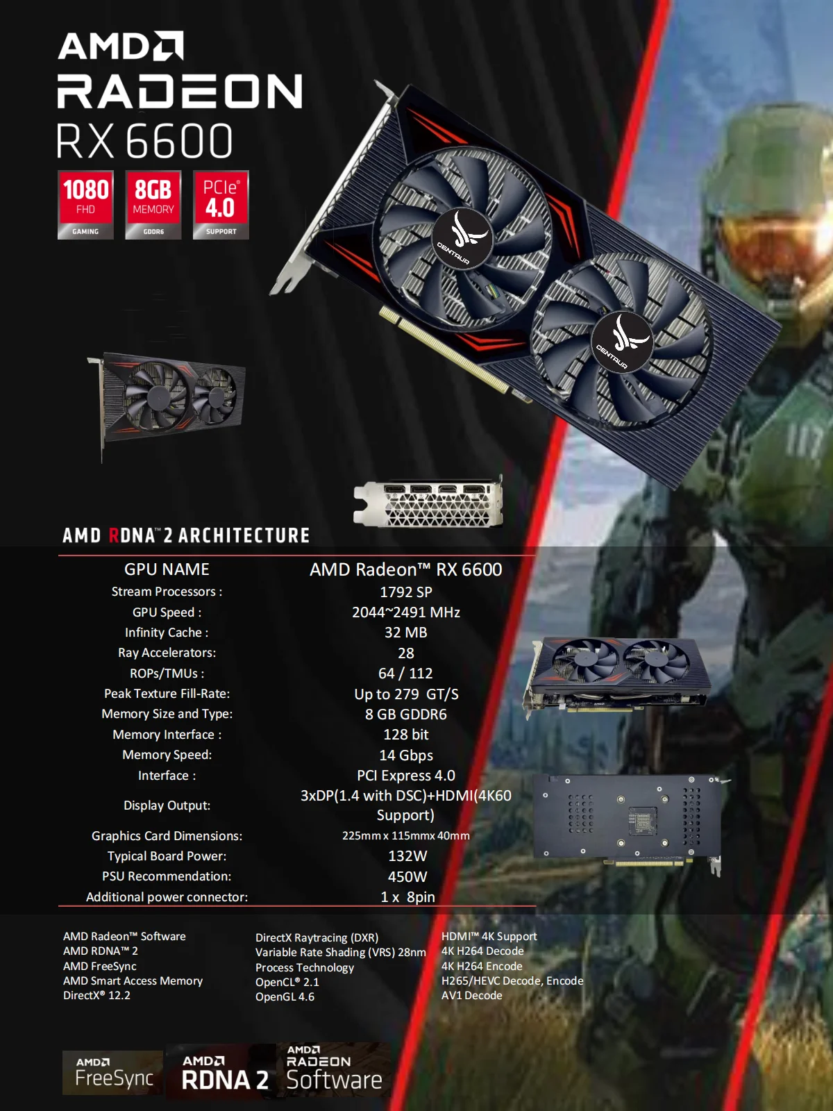 골드셀러CENTAUR 8GB 라데온 RX 6600 XT 데스크탑 GPU 그래픽 카드 (GDDR6 비디오 128비트, 새 팬 쿨러 타입, 게이밍용) 썸네일 2