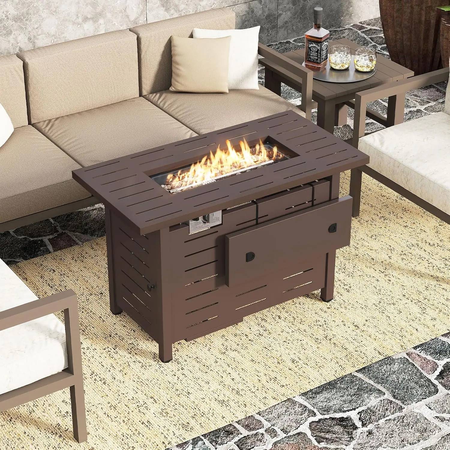 40 Inch Rectangle Propane Fire Pit Table with Lava Rocks, Removable Lid, Protective Cover for Patio & Garden, Brown, Customized