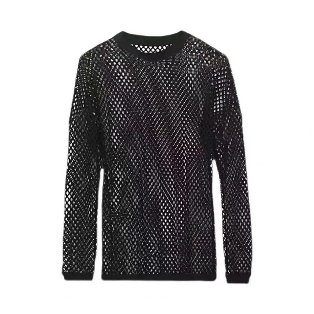 Men Black Mesh Top Men Club Mesh Tee Men's Thin Mesh Top with Long Sleeves Solid Color Muscle-enhancing Fit for Party Club Dance