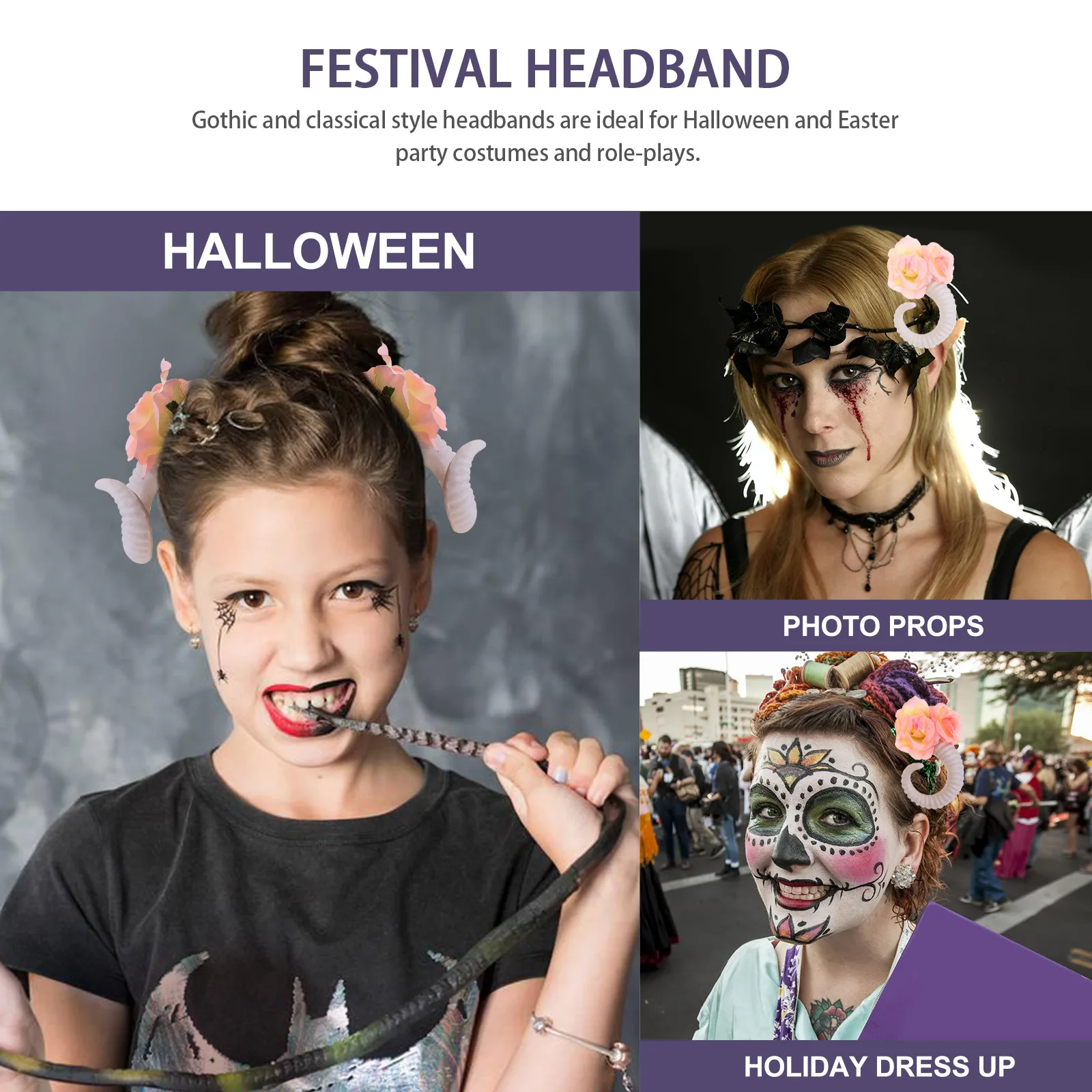 

1Pair RAM Horn Rose Headband Gothic Halloween Headdress Decorative Cosplay Photo Props Festival Hairband Decorative Hairband