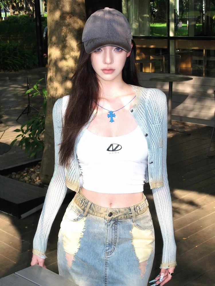 

Retro American Knitted Open Cardigan Women's Hollow out ort Sve Long Sve Slimming Top Y2K Street Sle round Ne o...