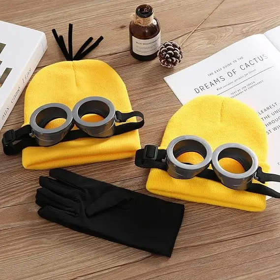 6Pcs Halloween Costume Accessories Steampunk Goggles Glasses Yellow Beanie Knit Hats Black Gloves Adult Movie Cosplay Party Set