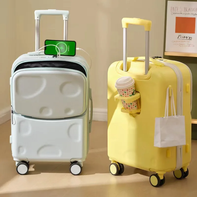 

Travel Suitcase Password Front Opening Trolley Case with Wheels Large Capacity Lightweight Rolling Luggage with Cup Holder