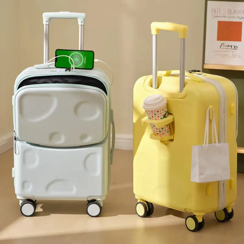 Travel Suitcase Password Front Opening Trolley Case with Wheels Large Capacity Lightweight Rolling Luggage with Cup Holder