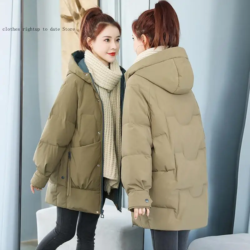 Spring and Autumn Winter Mid Length Korean Edition Solid Color Casual Loose Breadms Thick Cotton Jacket Women's Coat