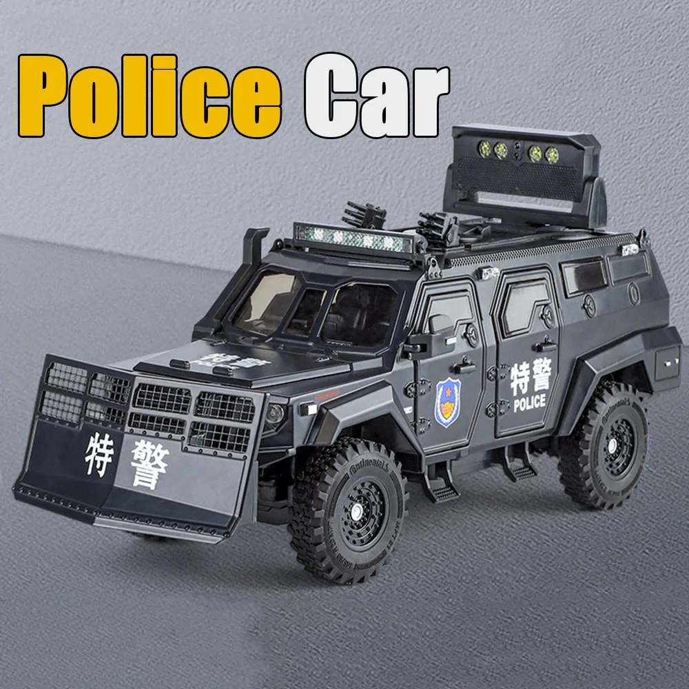 

1:24 Spinosaurus Sabertooth Explosion Proof Cars Models Miniature Toys Wheels Turned Anti-riot Dispersal Police Car Boys Gifts