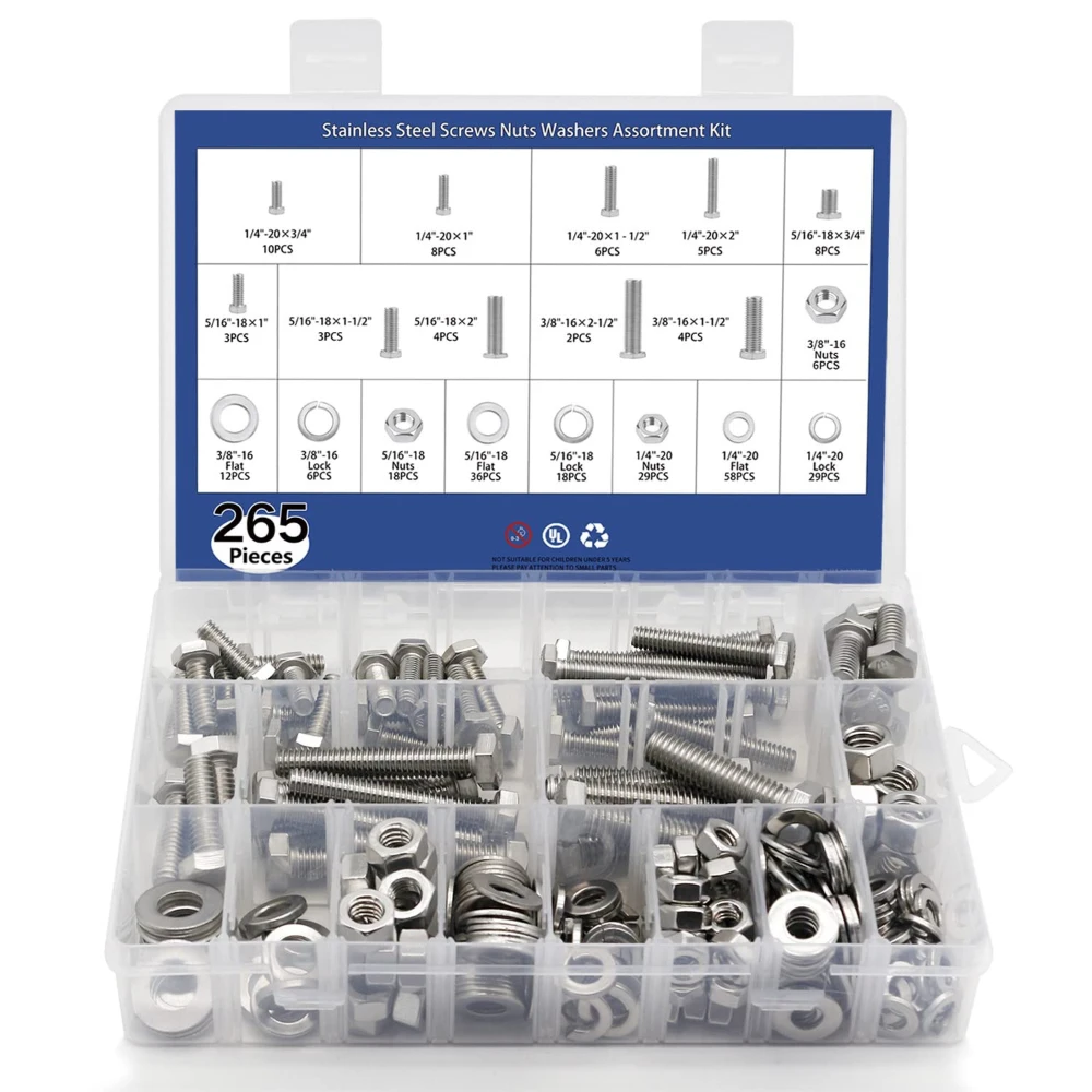 265pcs British Spring Washer Nut & Bolt Sets 304 Stainless Steel Hexagonal Bolt and Nut Hexagon Hex Socket Screws Flat Washer
