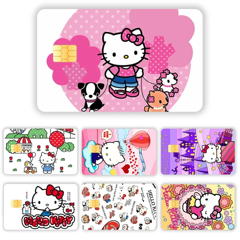 Kawaii Hello Kitty Pink Sweet Anime Diy Small Chip Credit Card Case Cover Cartoon Girls Debit Bank Cards Sticker Front Film Skin