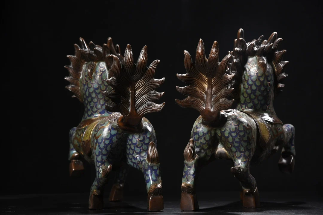 

13"Xizang Folk Collection Old Bronze Cloisonne Enamel Kirin Statue Gate God door-god A Pair Gather fortune Town house