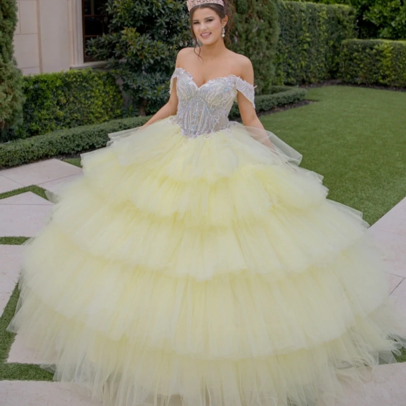 

Fluorescent Ball Gown Quinceanera Dresses Off The Shoulder Applique Beading Crystal Tiered Tull Party Birthday Sweet 16 Dress