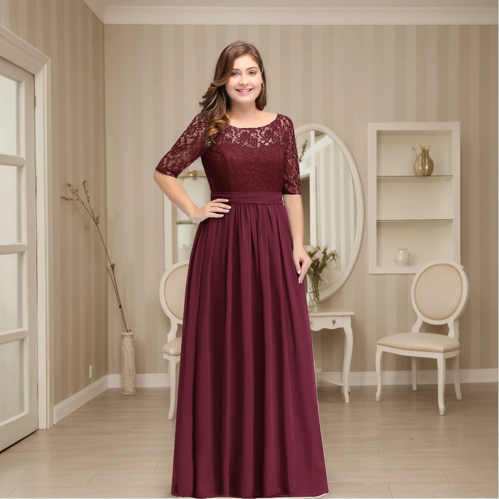 

MisShow Plus Size Evening Dresses Floral Lace Half Sleeve O-Neck V-Backless Prom Dress Sashes Pleated Empire A-Line Party Gowns