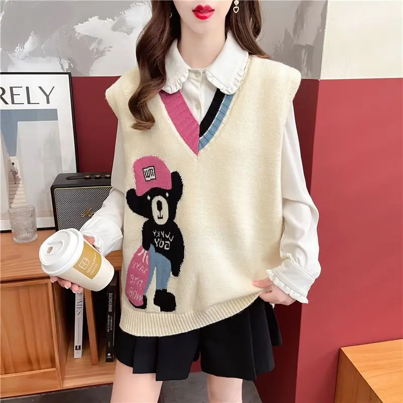 Autumn and Winter Women\'s Pullover V-neck Patchwork Cartoon Screw Thread Loose Knitted Sweater Fashion Casual Sleepless Tops