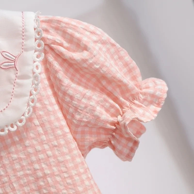 Sommer Mädchen Kurzarm Kleid niedlichen Puppen kragen A-Linie Kleider lose Kinder Plaid Print Vestidos süße Prinzessin rosa Vestido