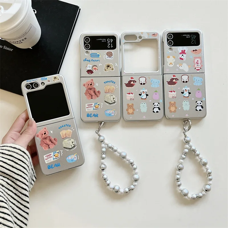 Ins Style Cute Bear Penguin Phone Case for Samsung Galaxy Z Flip6 4 3 Hard Cover for ZFlip3 Zflip4 Zflip5 Solid Shell Bracket