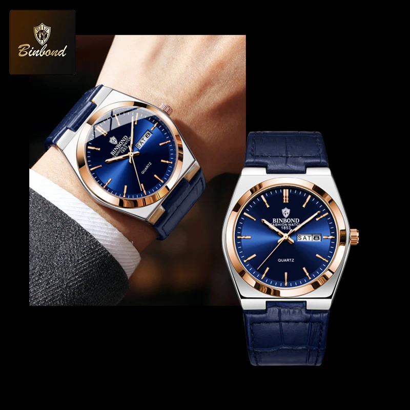 Binbond novo luxo masculino relógios de quartzo à prova dwaterproof água relógio automático data homem aço inoxidável esporte cronógrafo relógio para homem
