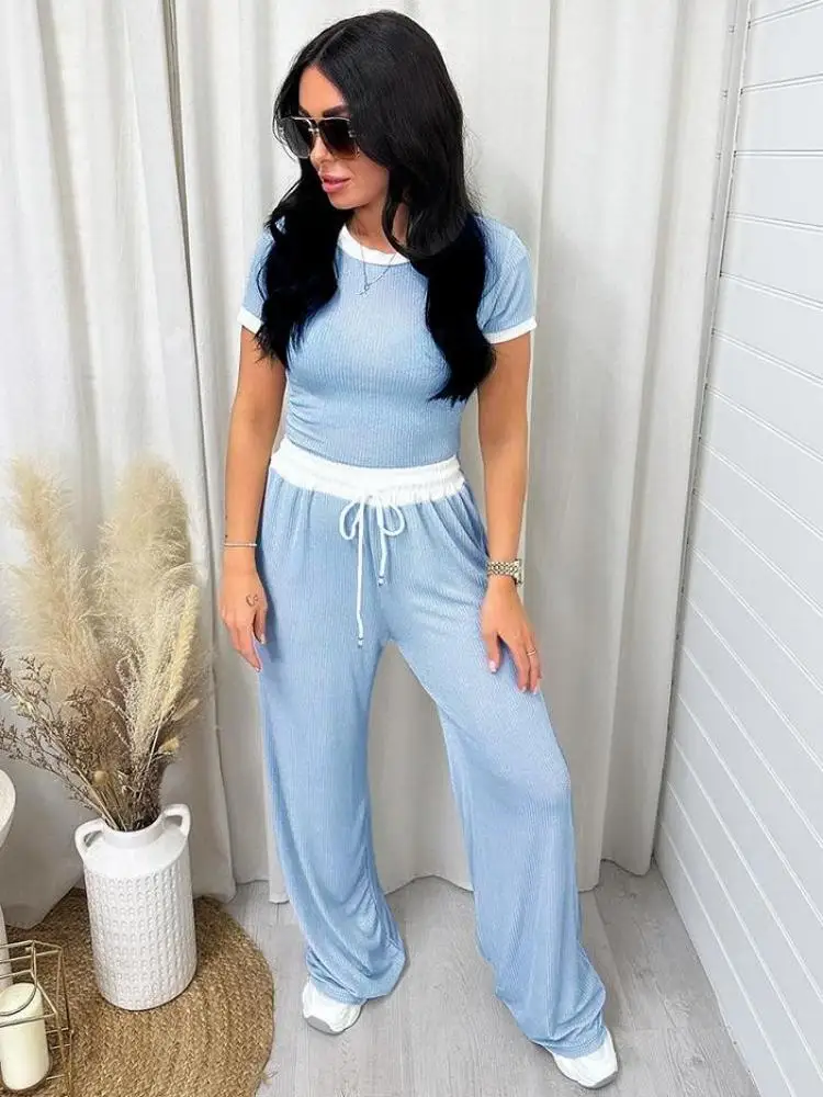 Spring and summer new round neck color short-sleeved women\'s fashion casual wide-leg pants sports suit