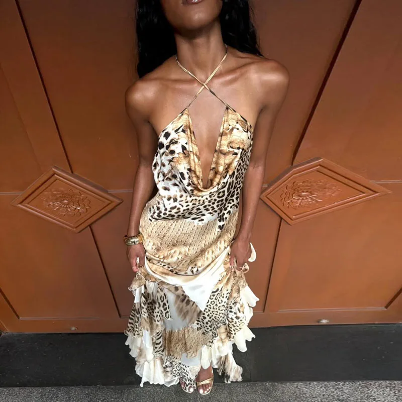Sexy Damen Neckholder Slim-Fit Meerjungfrauenkleid mit Leopardenmuster, Ärmellos, Rückenfrei, Rüschensaum, Maxikleid für Urlaub, Abendparty und Abschlussball