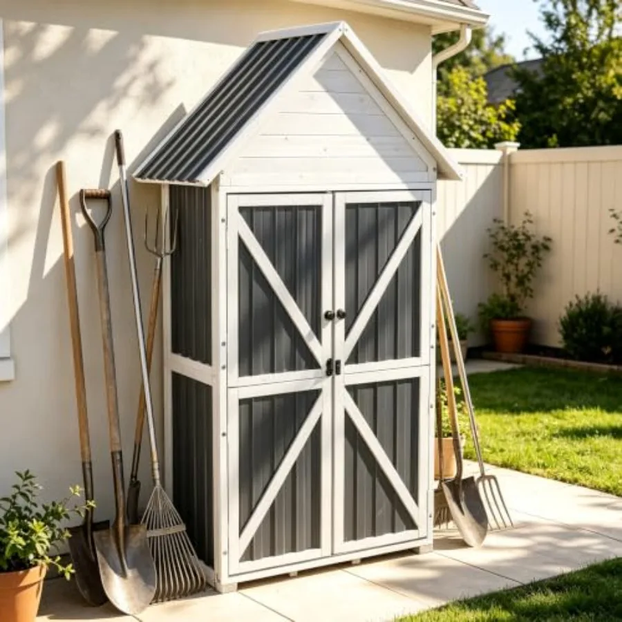 Outdoor Storage Shed with Thick Built-in Floor, Garden Patio Cabinet Galvanized Steel, Gray, Weatherproof Lockable