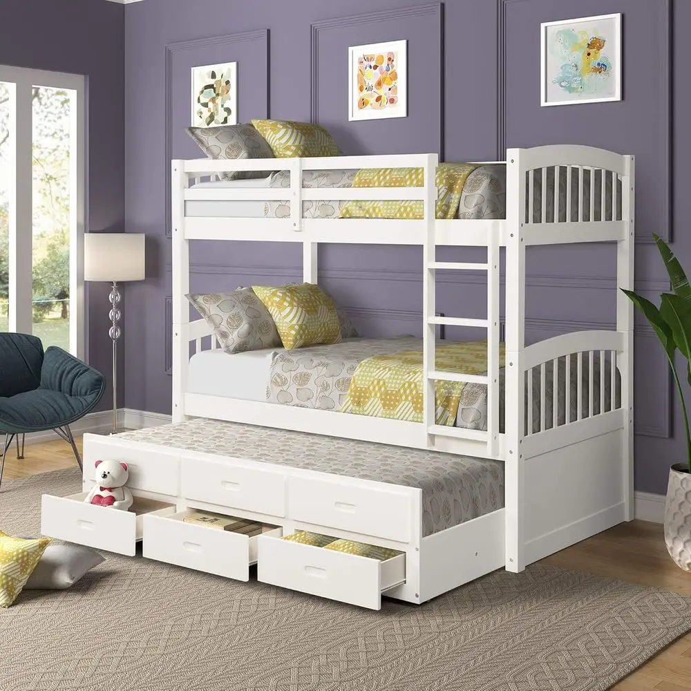 

Twin Bunk Bed with Safety Rail, Ladder, White Trundle Bed for Kids and Teens Bedroom Furniture