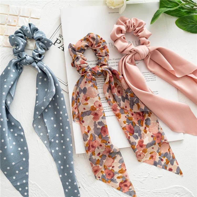 Moda leopardo impressão arco cetim longo fita rabo de cavalo lenço de cabelo gravata scrunchies feminino meninas elástico faixas de cabelo