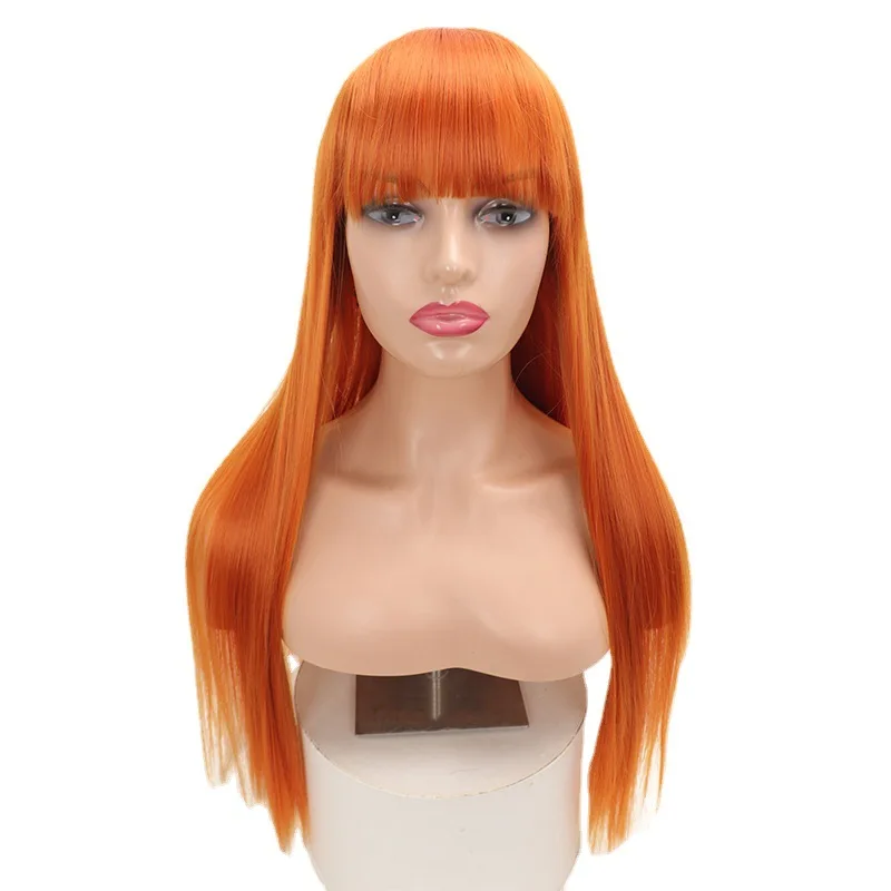 

Color Brown Wine Orange Pink Black Bone Straight Synthetic Hair Caps,Silk Straight Layered Synthetic Hair Blend Wigs With Fringe