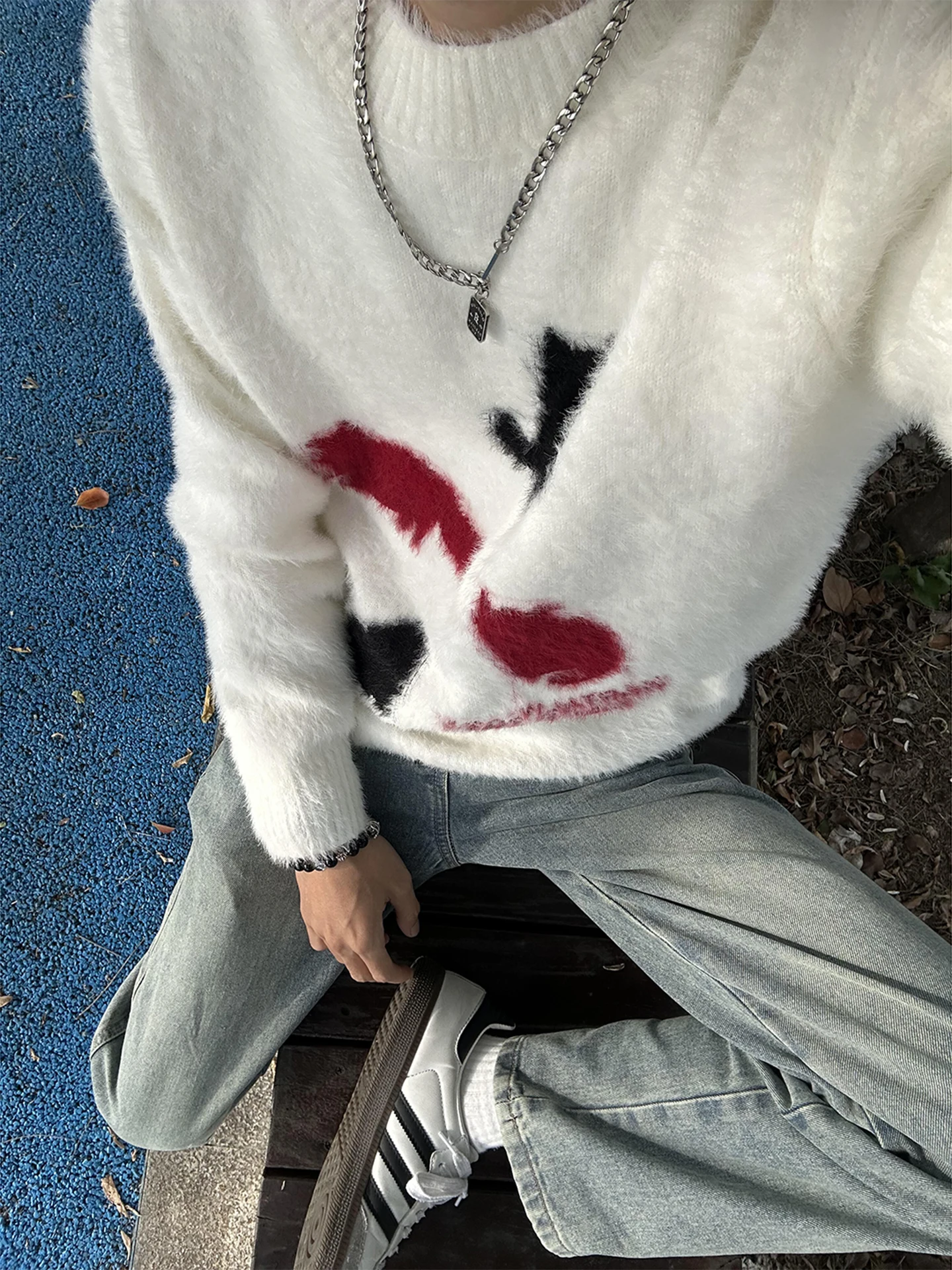 

Белый пушистый вязаный свитер с узором для мужчин, осенне-зимний, из мягкой утолщенной пряжи, базовый трикотажный джемпер для мужчин