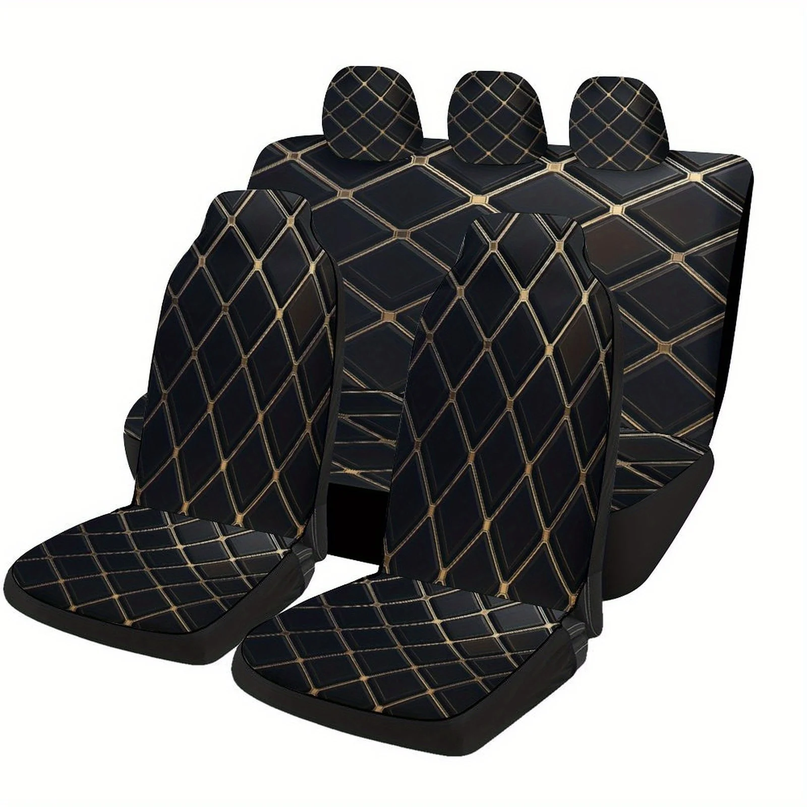 Black Golden Grid Themed Car Seat Covers Set For Most Cars, Fashionable Comfortable Decorative Car Seat Protector Covers Full Se