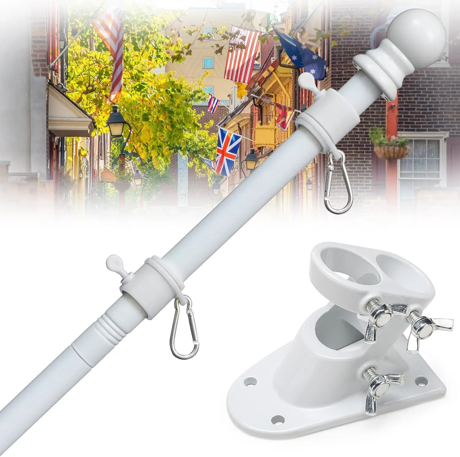 

5ft Heavy Duty Stainless Steel Flagpole Kit for Outdoor House Porch - White with Anti-Tangle Rings
