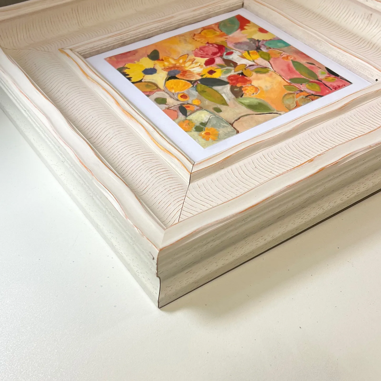 8.5cm Vintage Distressed Off-White Solid Wood Frame | Ribbed Textured Square Gallery Frame for Small Oil Paintings & Art Display