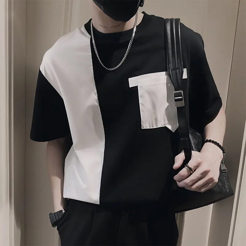 Fashion O-Neck Pockets Spliced Korean Short Sleeve T-Shirts Men Clothing 2024 Summer New Loose All-match Tops Casual Tee Shirt