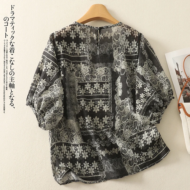 القطن قميص كتان المرأة 2025 صيف جديد جولة الرقبة نصف كم ريترو مطبوعة فضفاضة بلايز عادية بلوزة بوهو