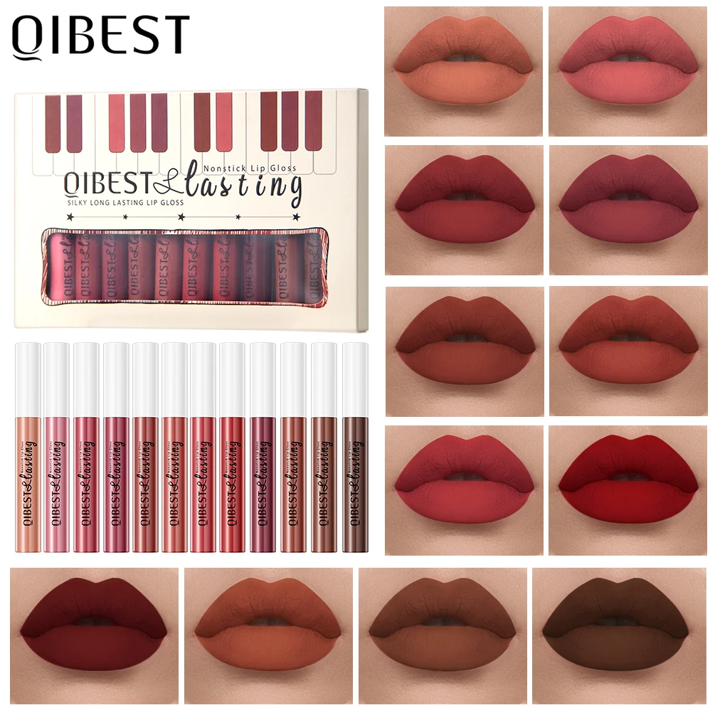 QIBEST 12 Colors Matte Lip Gloss Set Waterproof Lasting Liquid Lipstick Velvet Nude Red Lipgloss Tint Nourish Non Stick Lipstick