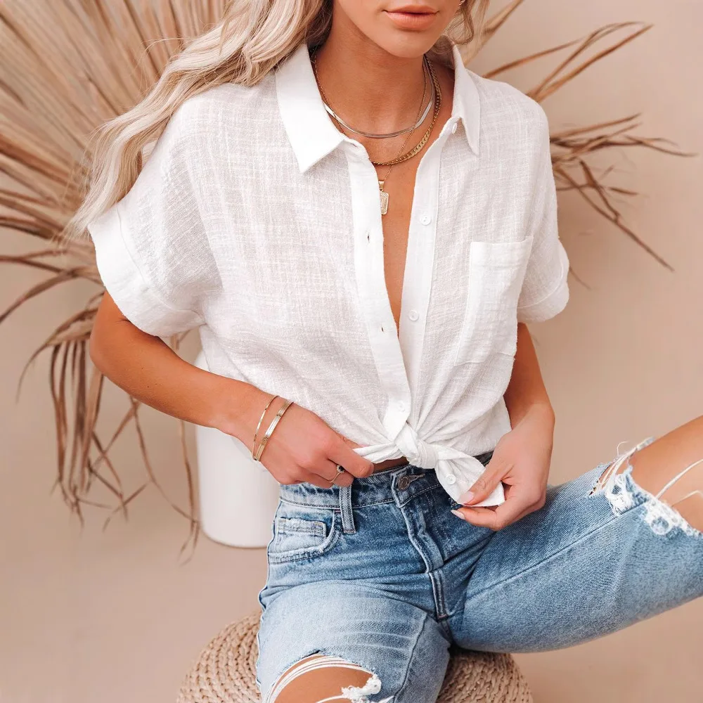 Camisa de lino de manga corta para mujer, blusa informal con cuello abotonado de verano para traje de vacaciones en la playa