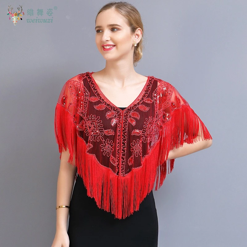 빈티지 연회 및 무도회 이브닝 드레스 스팽글 프린지 숄 메쉬 스팽글 비즈 자수 쉬운 매칭 이브닝 드레스 액세서리