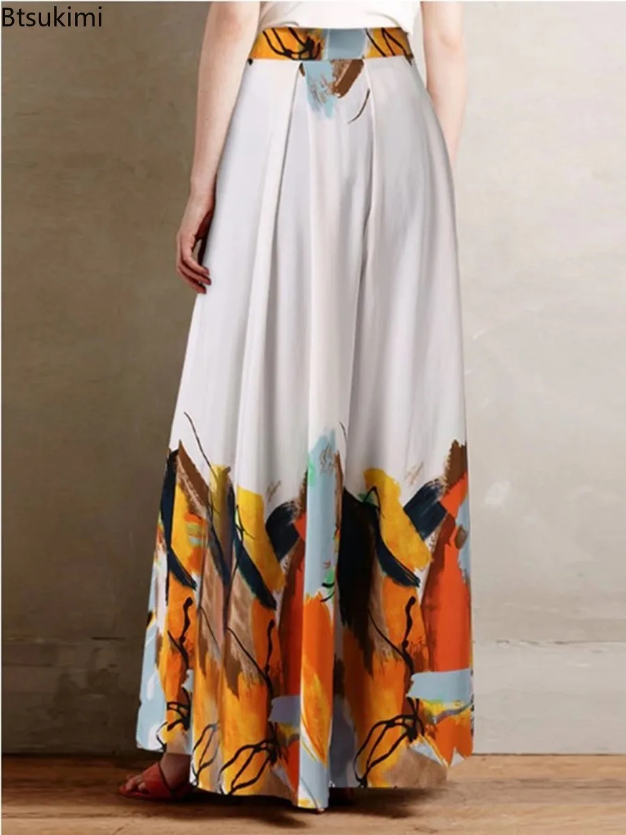 Etnische stijl dames print casual broek mode vintage hoge taille vetersluiting losse wijde pijpen broek zomer elegante dames lange broek