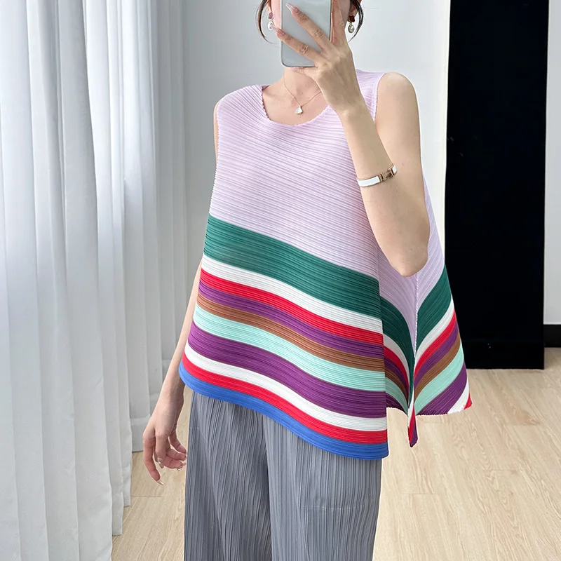 

Miyake Pleated Simple Striped Printed All-Matching High-End and Fashionable Top Women's Summer New Comfort Pleated Loose T-shirt