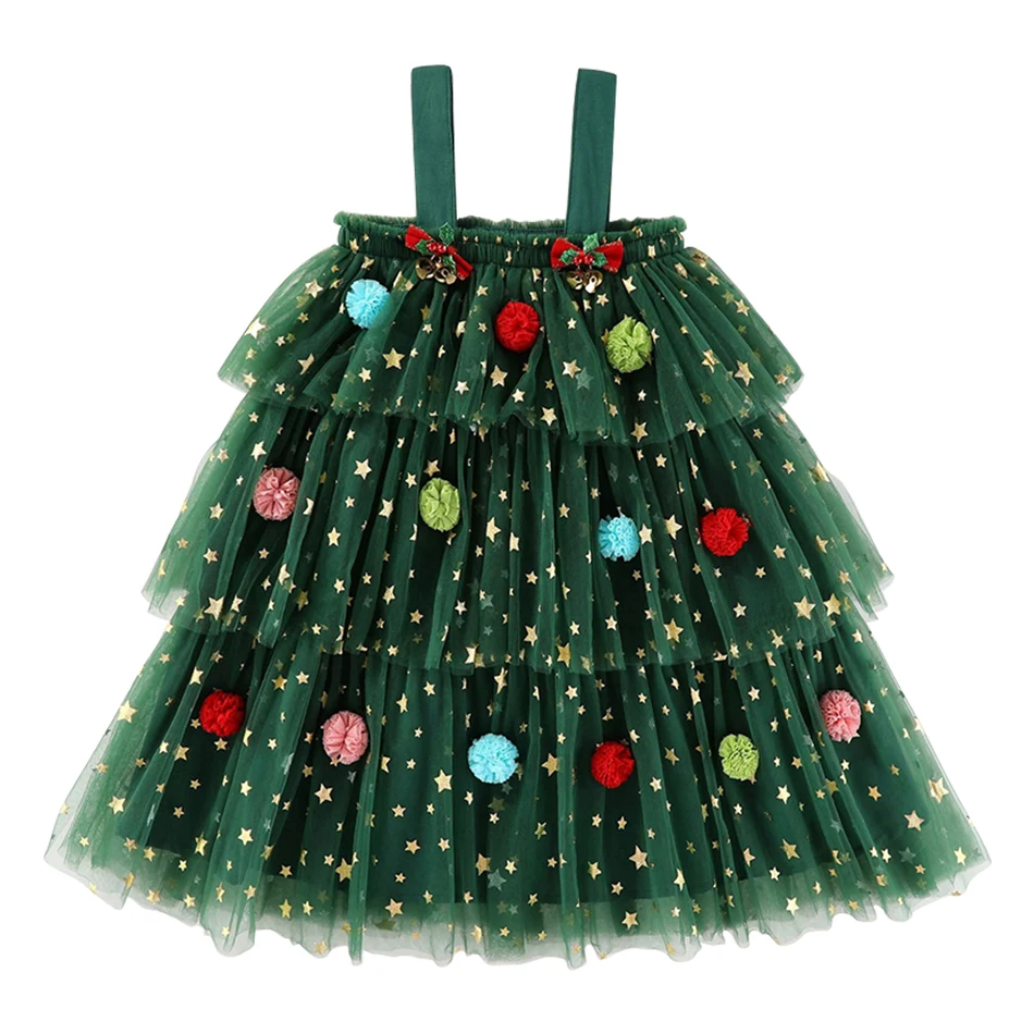 Festive Kids Christmas Tree Halter Net Sequin Decoration Casual Dress Layered Cake Skirt for Magical Season of Joy and Merriment