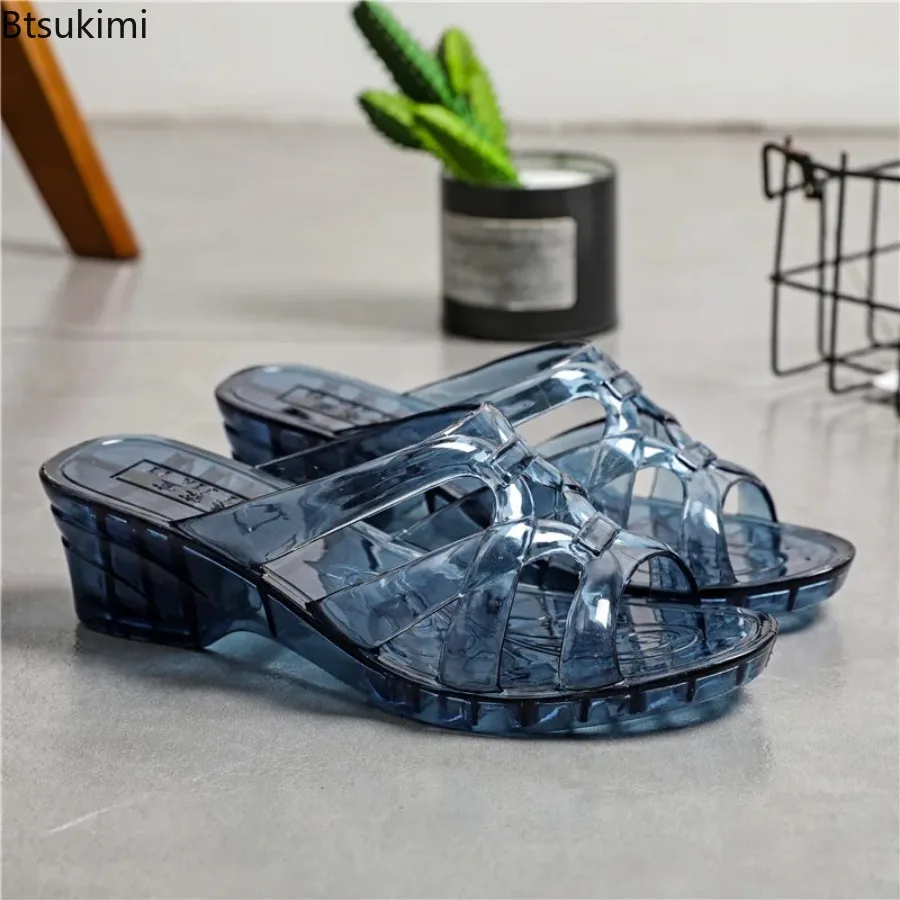 36-40 Women's Slippers Summer Wedges Sandals Thick-soled Anti-slip Bathroom Shoes Transparent Flip Flops Hollow Out Beach Shoes