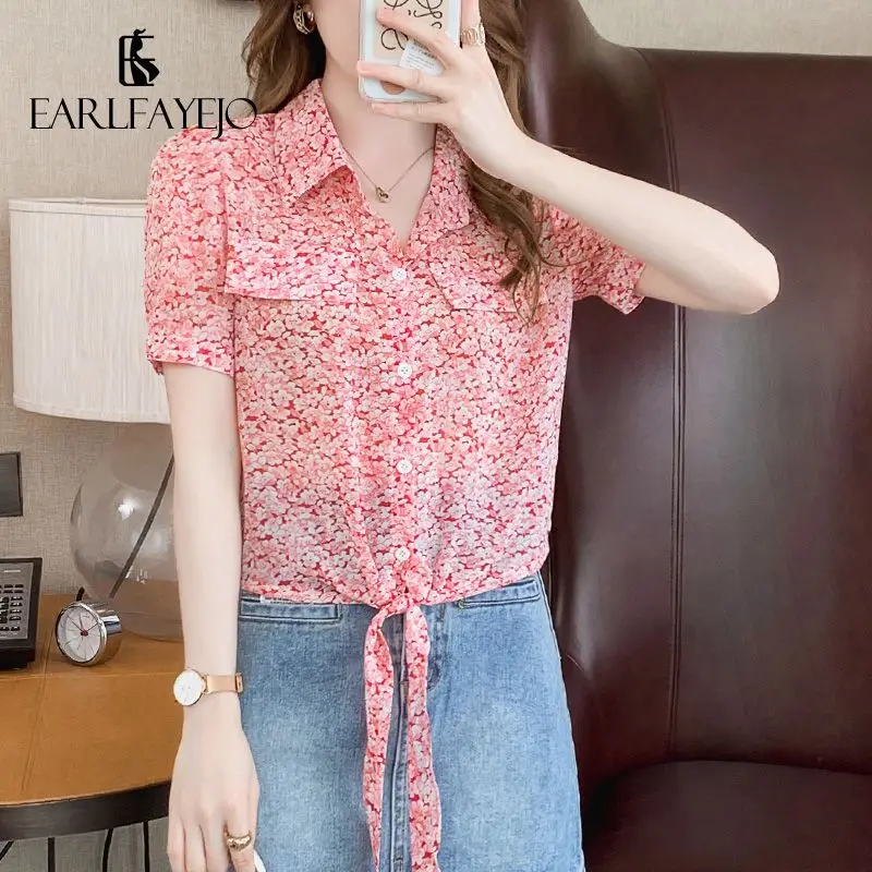 Blusa de manga corta minimalista para mujer, camisa holgada con cuello de Polo y botones estampados, a la moda, combina con todo, novedad de verano 2024