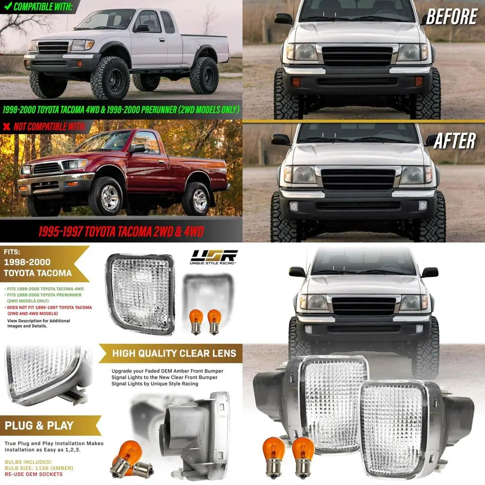 

Пара передних указателей поворота с прозрачными линзами для грузовиков Toyota Tacoma 4x4 и PreRunner 2WD 1998-2000 годов с янтарными лампочками