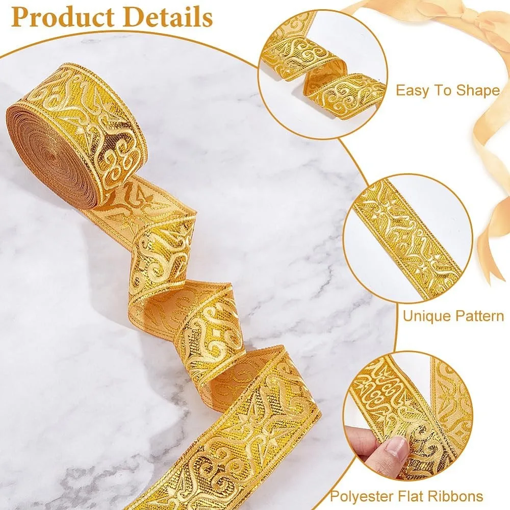 7.7Yards Gold Jacquard Ribbon Trim 1-1/4 Inch Wide Boho Woven Trim Ethnic Floral Ribbon Embroidery Polyester Flat Ribbon for DIY