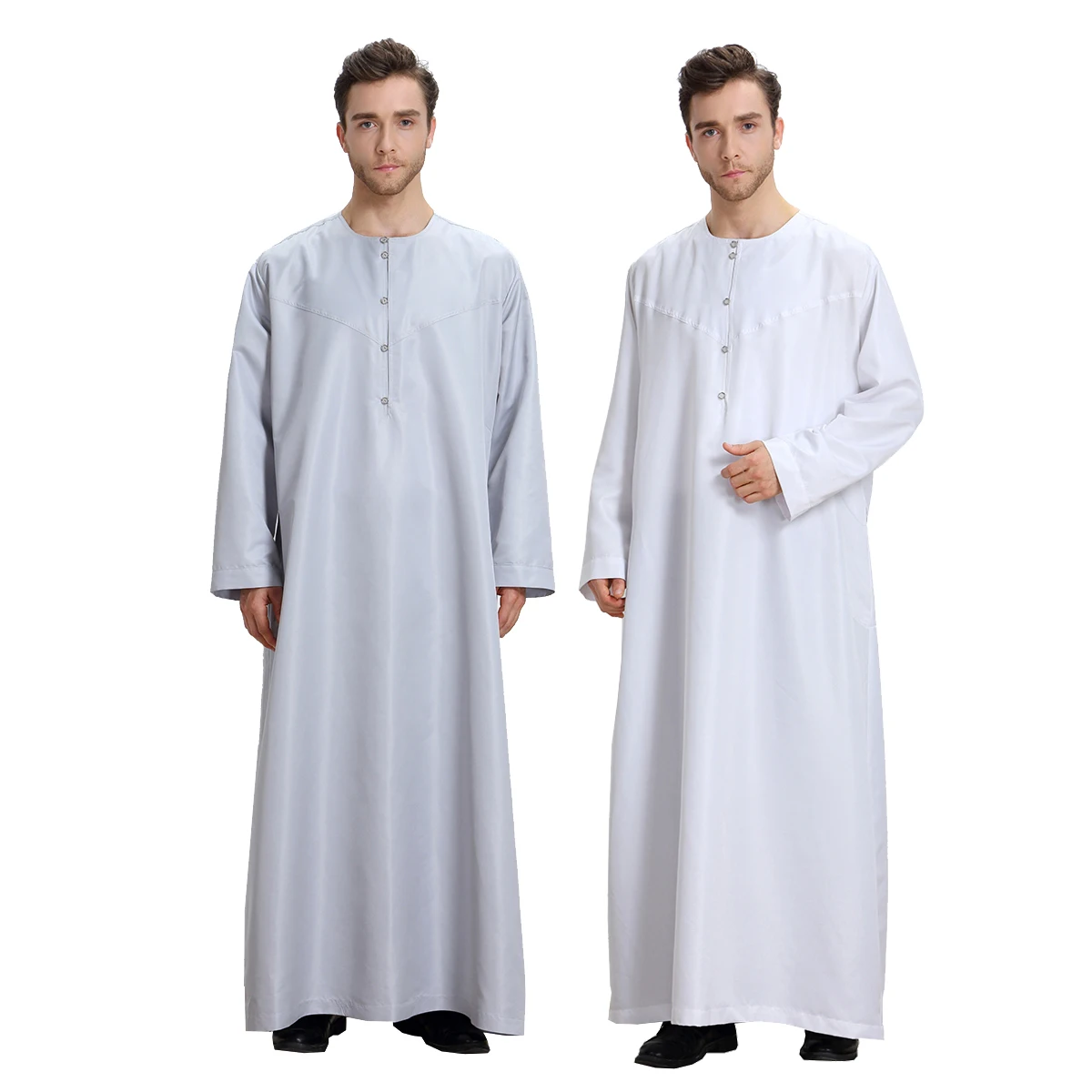 Hommes musulmans couleur unie manches longues col rond bouton Robe arabe mâle adulte cheville longueur Thobe Ramadan Eid vêtements