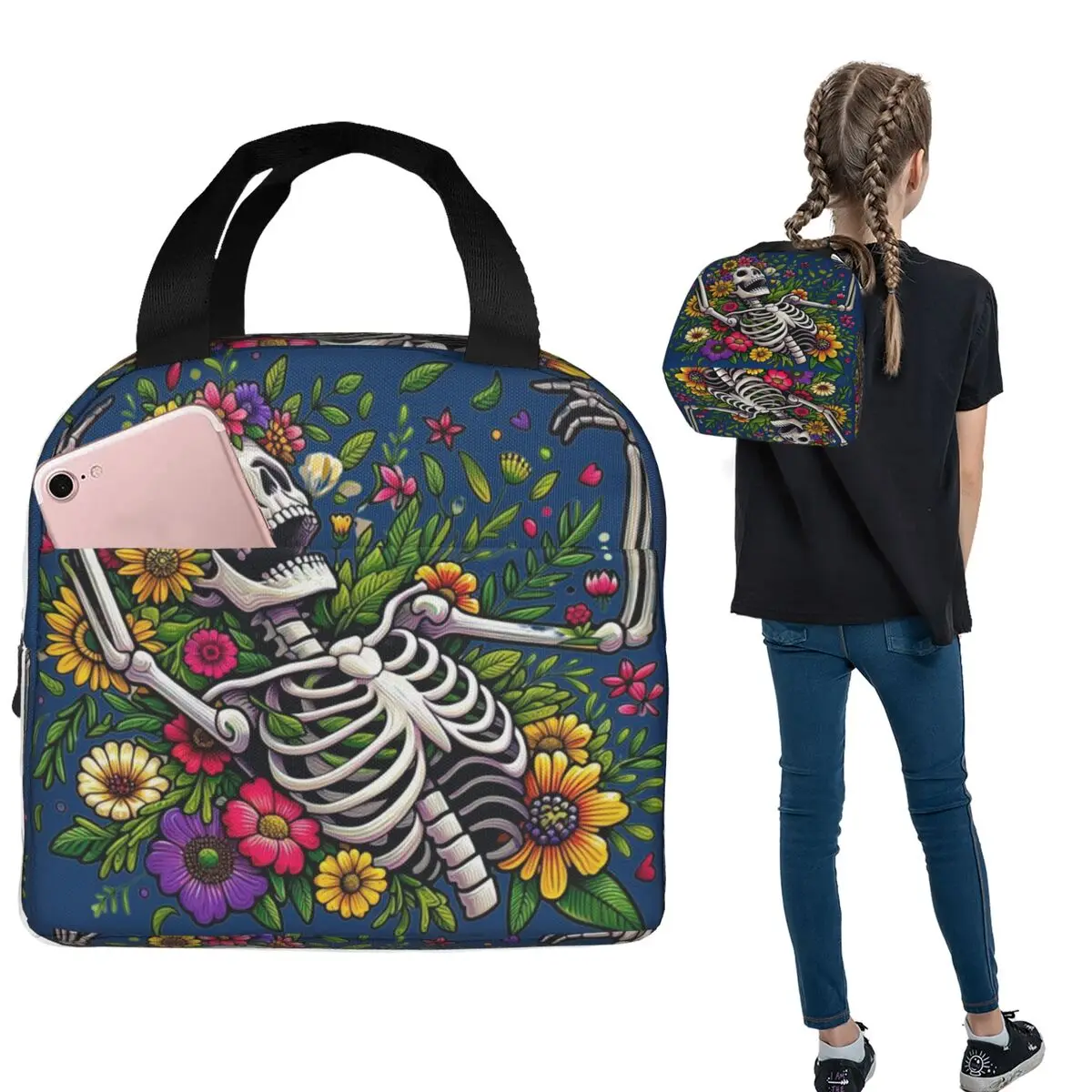 A Skeleton Encircled By Colorful Flowers Insulated Lunch Bag for Women Children Portable Food Boxes Thermal Lunch Box Tote