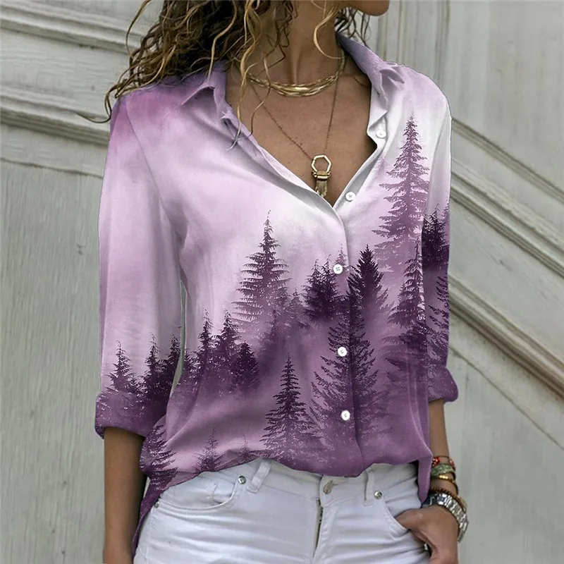 Forest And Tree Pattern Women Casual Shirts Spring Summer Long Sleeve 3D Printing Ladies Street Blouses 3XL Plus Size Shirt Tops