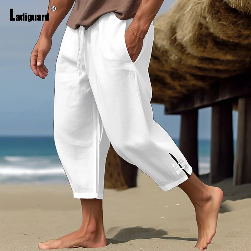 

Ladiguard Plus Size Men Elegant Fashion Buckle Cuff Linen Pants Solid White Calf-Length Trouser Mens Casual Drawstring Sweatpant