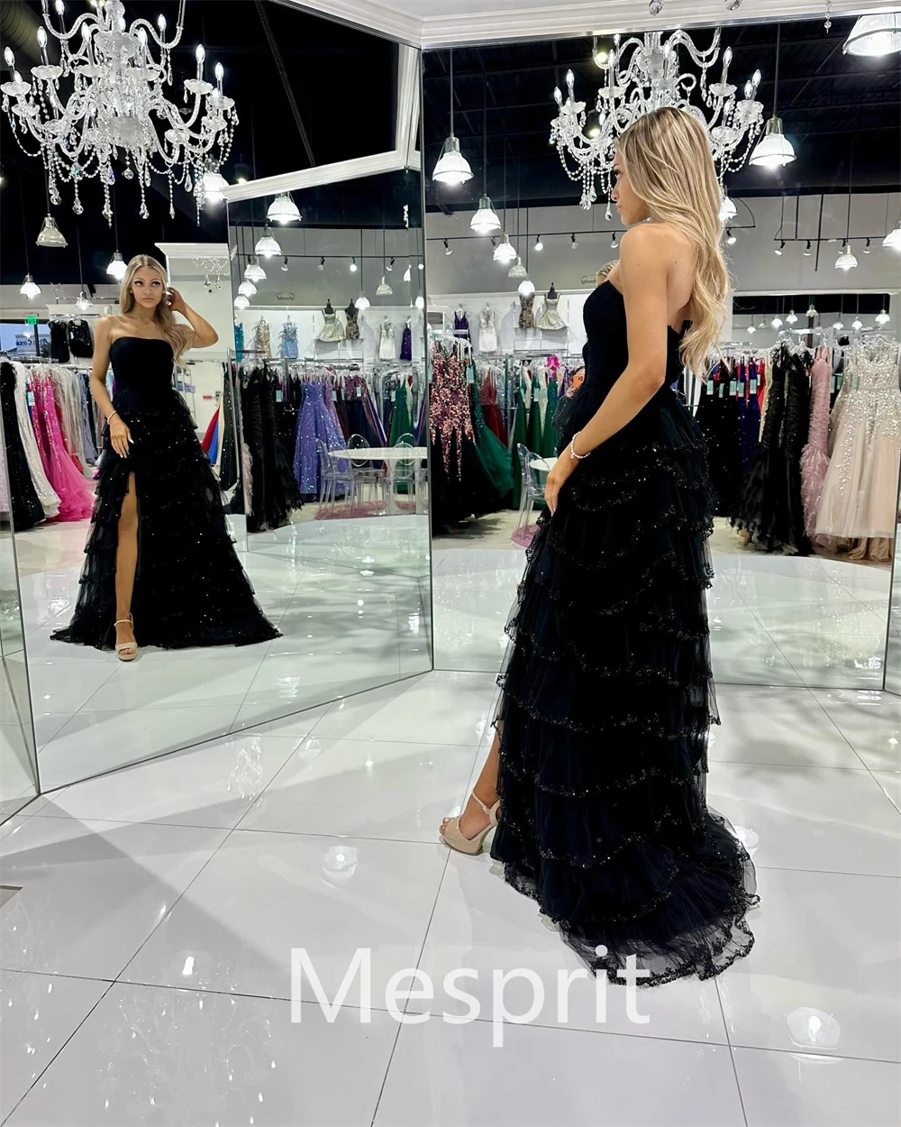 ที่กําหนดเอง Mesprit แฟชั่นที่เรียบง่าย Strapless A-Line ชุดราตรี Layered Paillette Organza ชั้นความยาวชุดที่กําหนดเอง