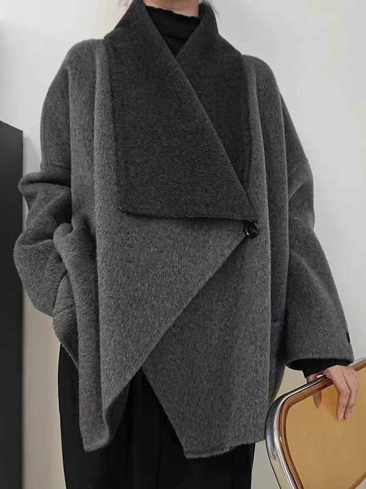 YERMORA Gray Buckle Casual Woolen Cloak Coat For Women Lapel Long Sleeve Loose New Overcoat Fashion Tide Autumn Winter 2025