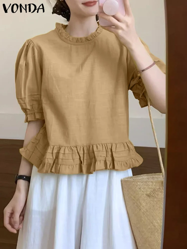 韓国風Oネックトップス レディースブラウス 2025 VONDA 半袖シャツ エレガントなフリル付きチュニック カジュアル ルーズ 無地 パフスリーブ ワークブラウス